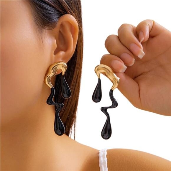 Black Geometric Teardrop Earrings | Irregular Statement Studs - Picture 1 of 4